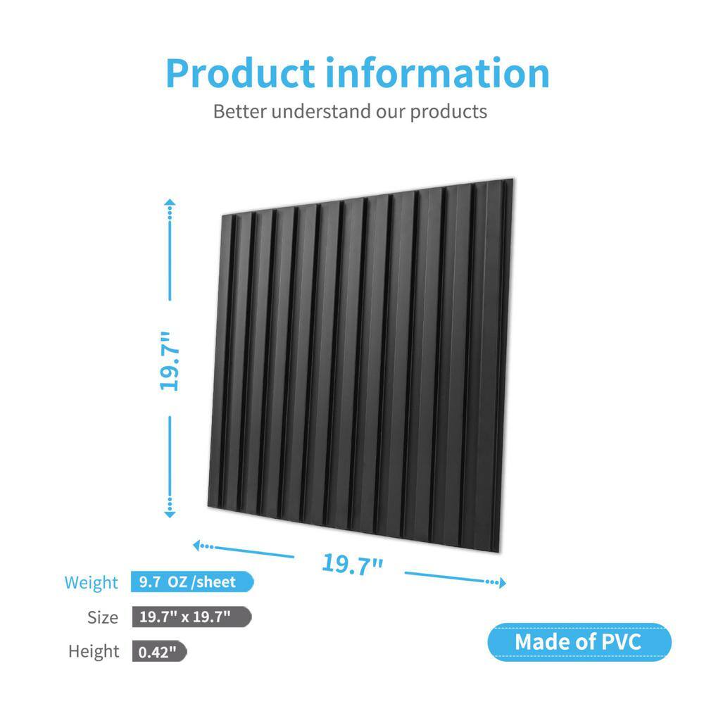 Art3d Slat Fluted Design 0.04 in. x 19.7 in. x 19.7 in. Black Square Edge Decorative 3D Wall Paneling (12 Pack) A10hd064BK