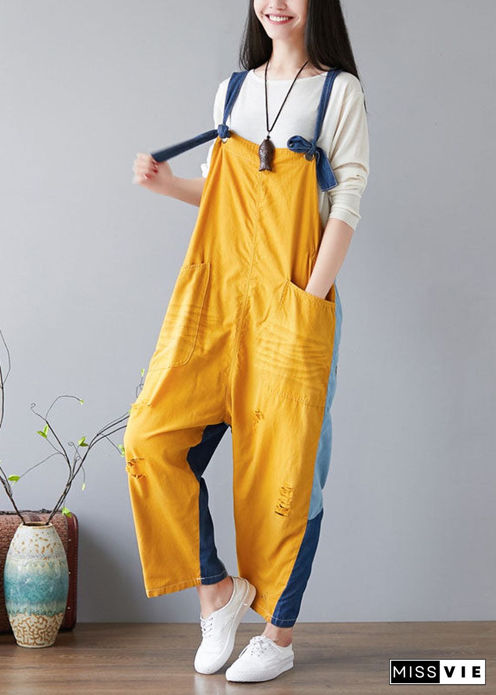 Fashion Yellow pockets Patchwork denim Jumpsuit Spring