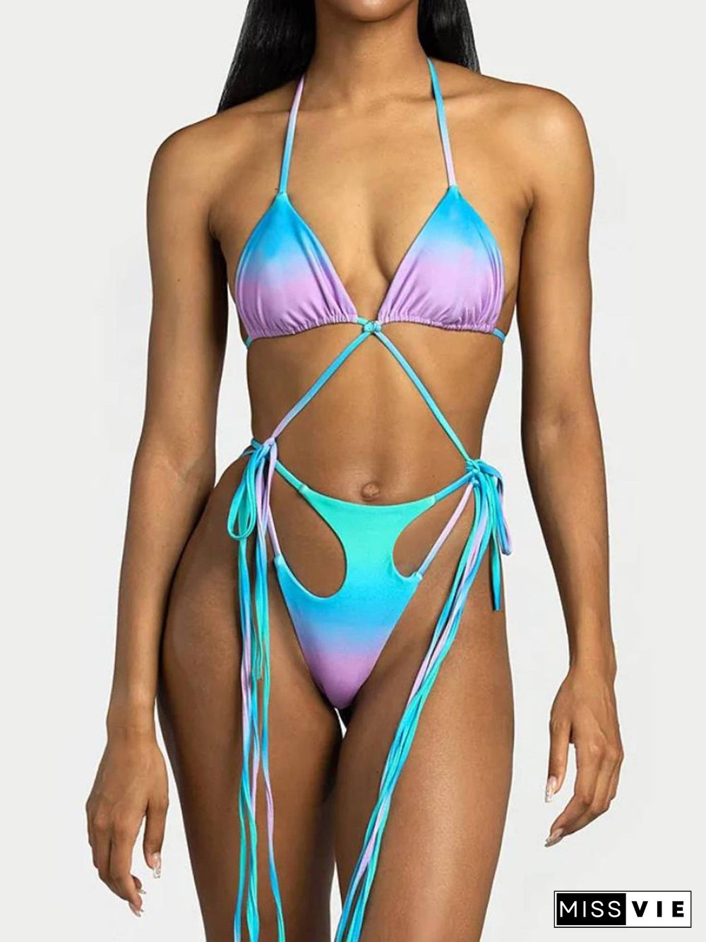 Gradient Tassels Key-hole Bikini Set