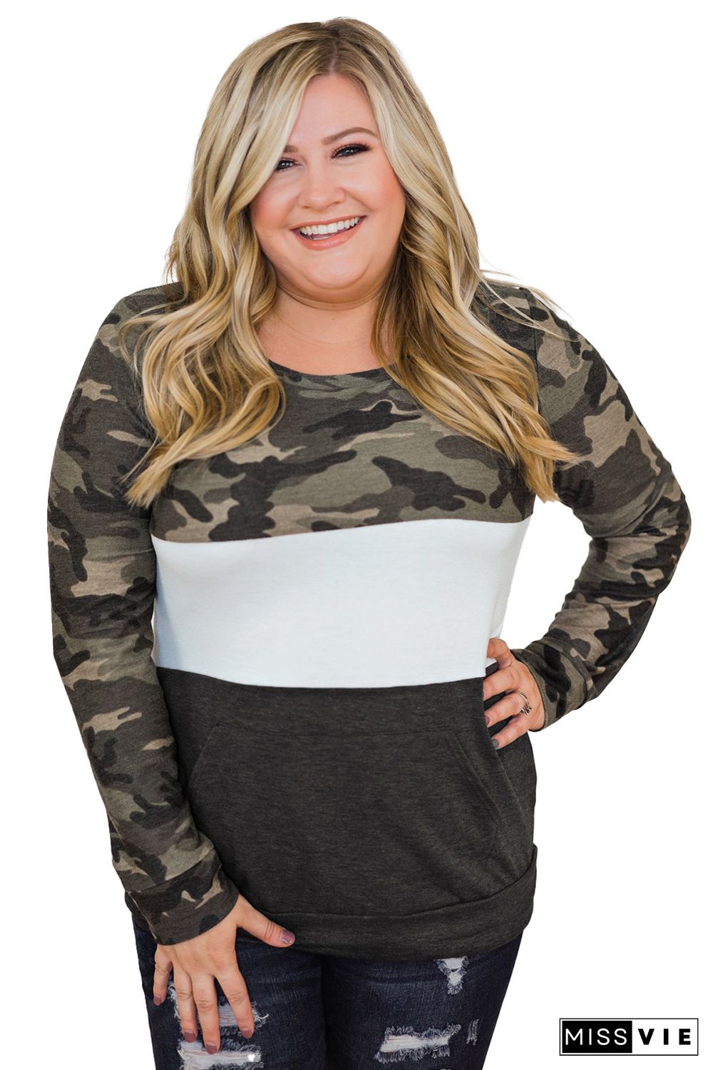 Plus Size Camo Color Block Pullover Top