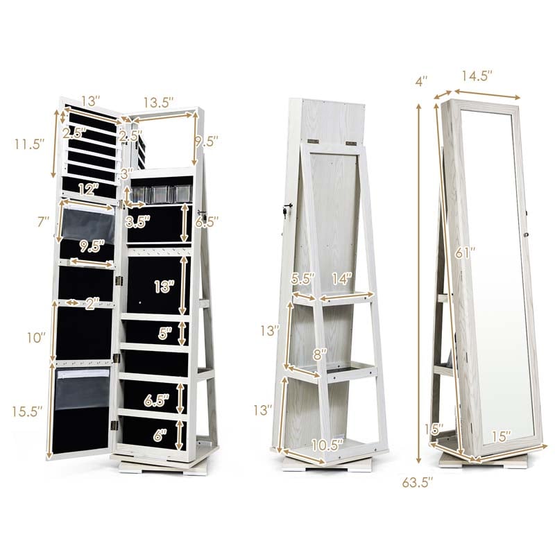 360 Rotating Jewelry Armoire with Higher Full Length Mirror, 3-in-1 Freestanding Lockable Jewelry Cabinet Organizer