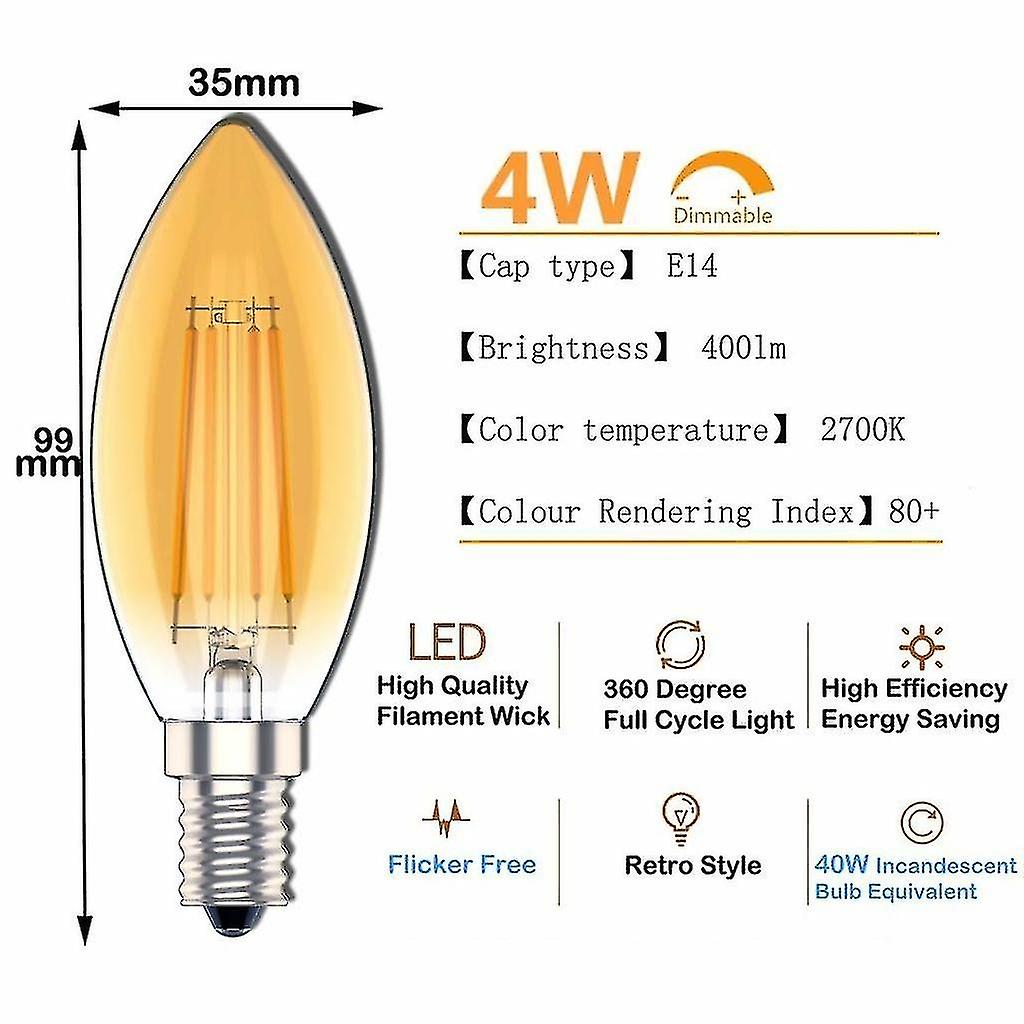 E14 Variable Intensity Candle Light Bulb， 4w Incandescent Equivalence 40w， Warm White (2700k)， 5pcs