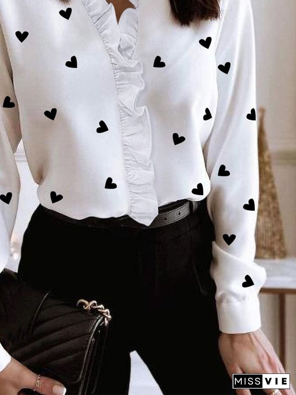 Hearts Printed V Neck Long Sleeve Loosen Shirts & Tops