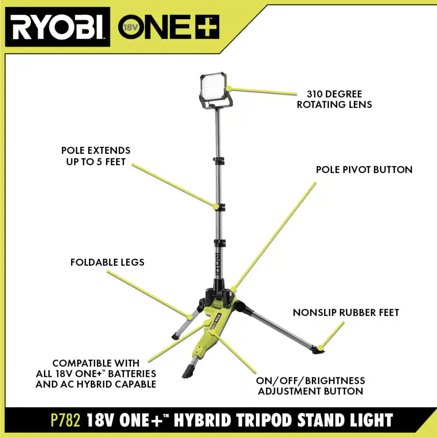 Ryobi ONE+ 18V Cordless Hybrid LED Tripod Stand Light (Tool Only)