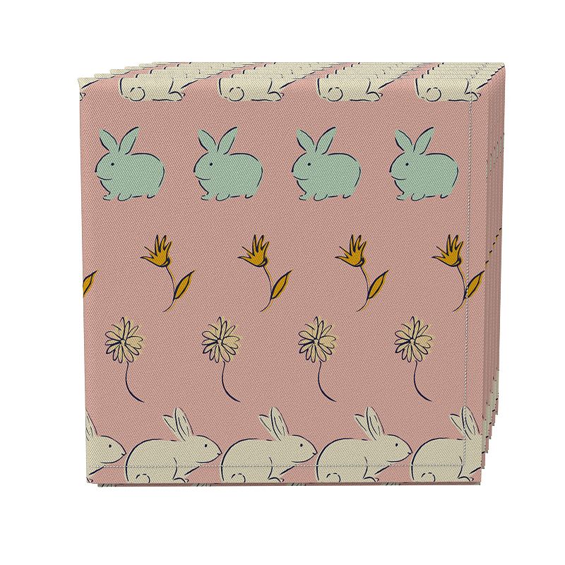 Napkin Set of 4， 100% Cotton， 20x20， Easter Bunnies and Flowers Stripe