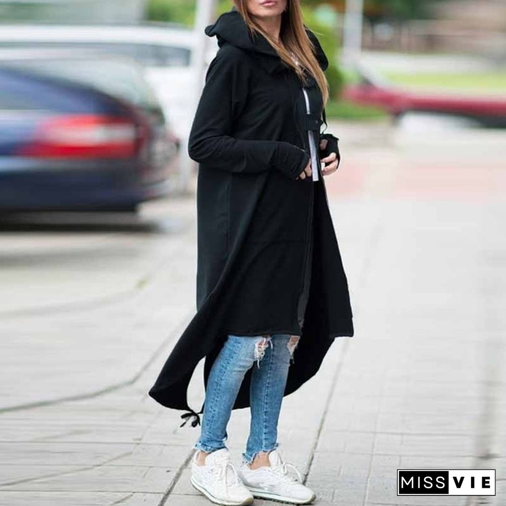 Women's Loose Hooded Sweater Zipper Long Coat Long Sleeve Hoodies Coats Casual Cardigans