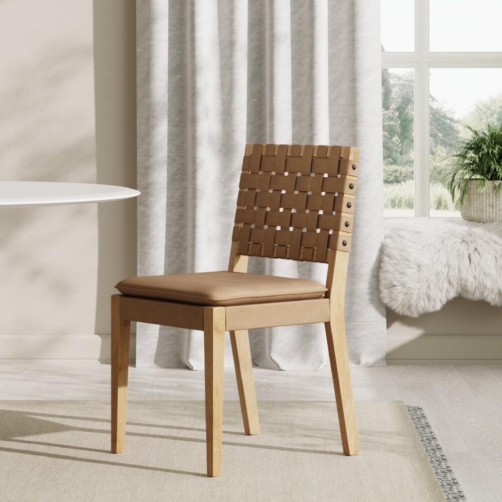 Cohen 19 in. Wood Dining Chair  Mid Century Modern Upholstered Side Chair with Hand Woven Faux Leather Backrest  Natural Brown