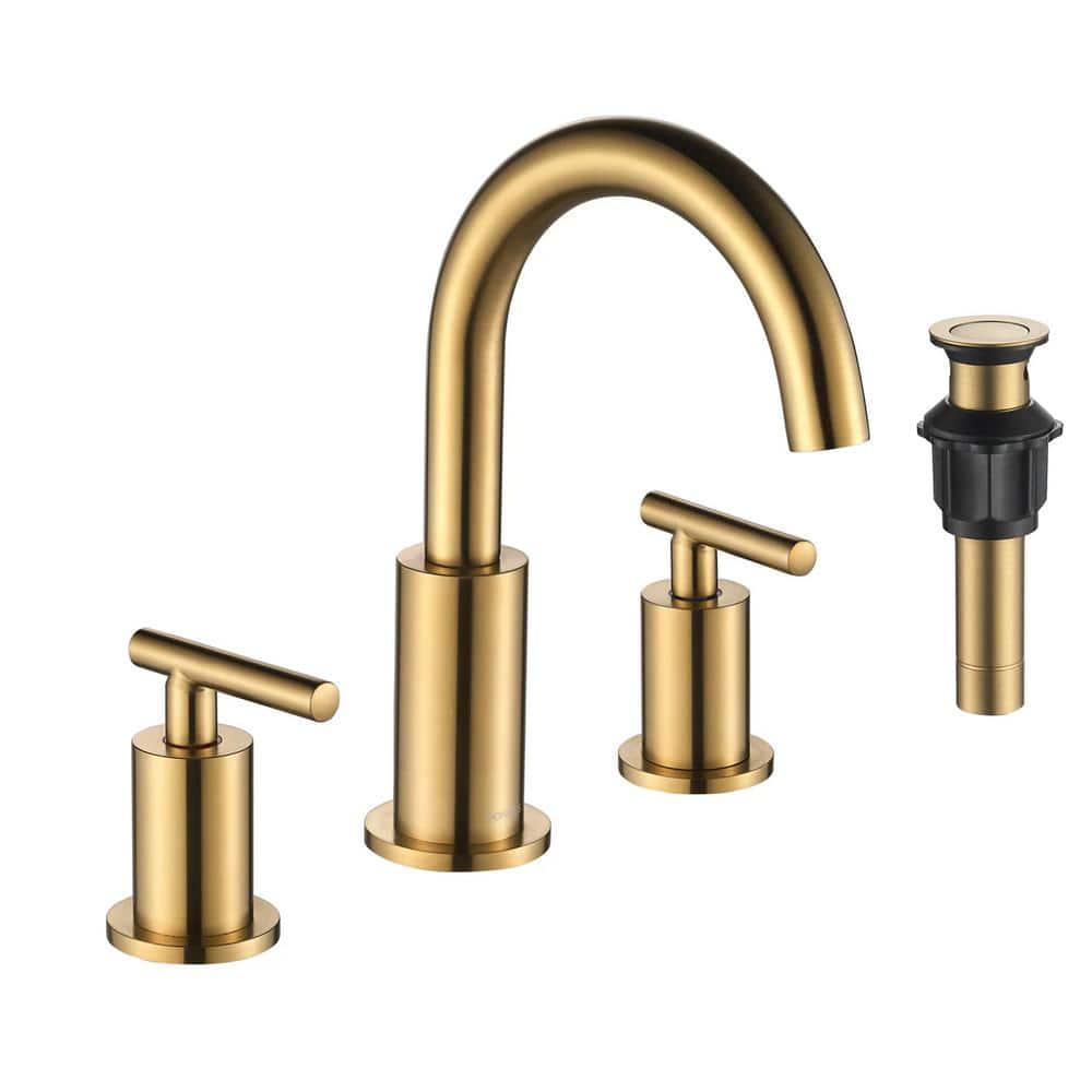 FORIOUS TwoHandle Bathroom Faucet 3Hole Widespread Bathroom Sink Faucet with Metal Drain and Supply Hose Gold