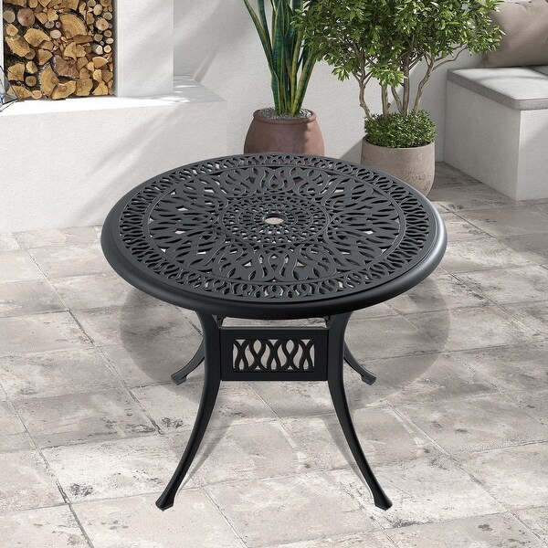 Outdoor Cast Aluminum Patio Round Dining Table with Black Frame and Umbrella Hole