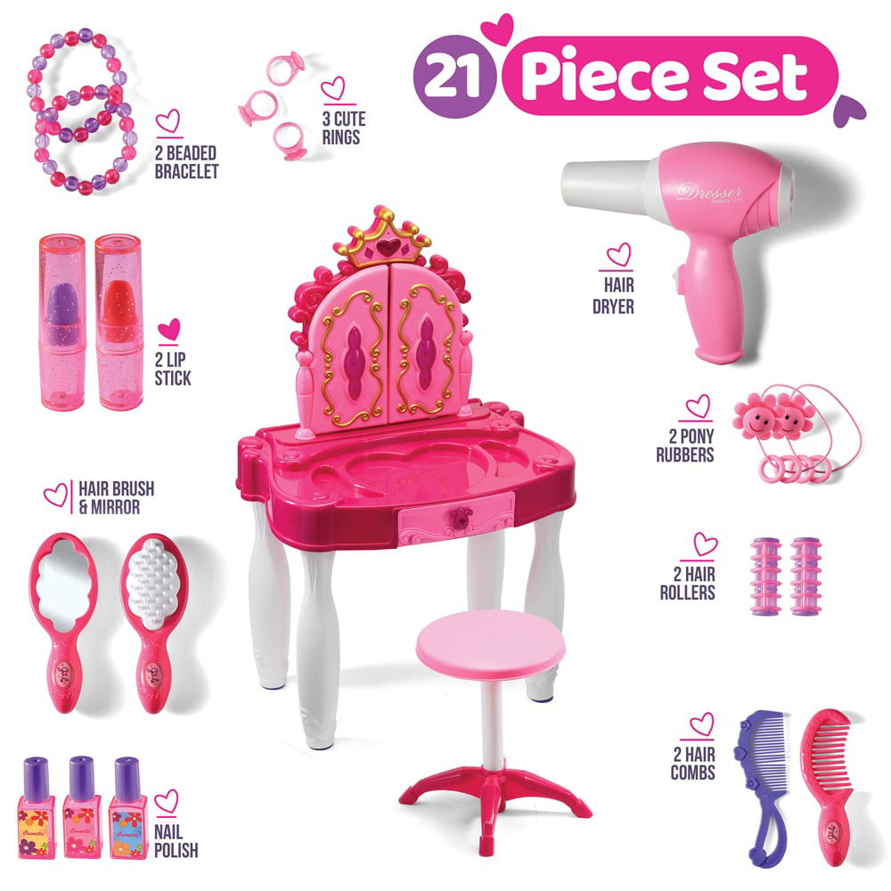 Pretend Play Vanity Set with Mirror and Stool 20 PCS - Kids Makeup Vanity Table Set with Lights and Sounds - Kids Beauty Salon Set Includes Fashion Hair  Makeup Accessories  Blow-dryer - Play22USA