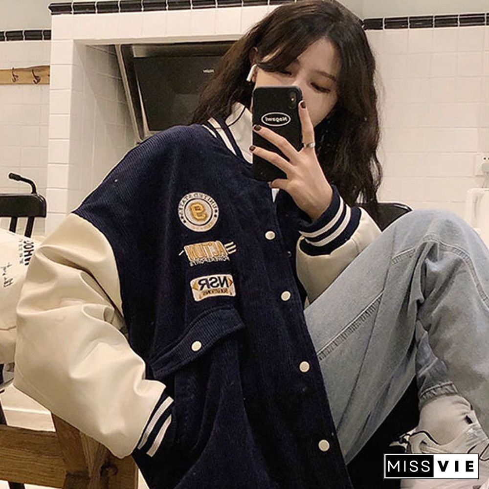 Contrasting Color Stitching Baseball Uniform Women Couple Students Spring Autumn New Retro Jacket Corduroy Coat Tide 31