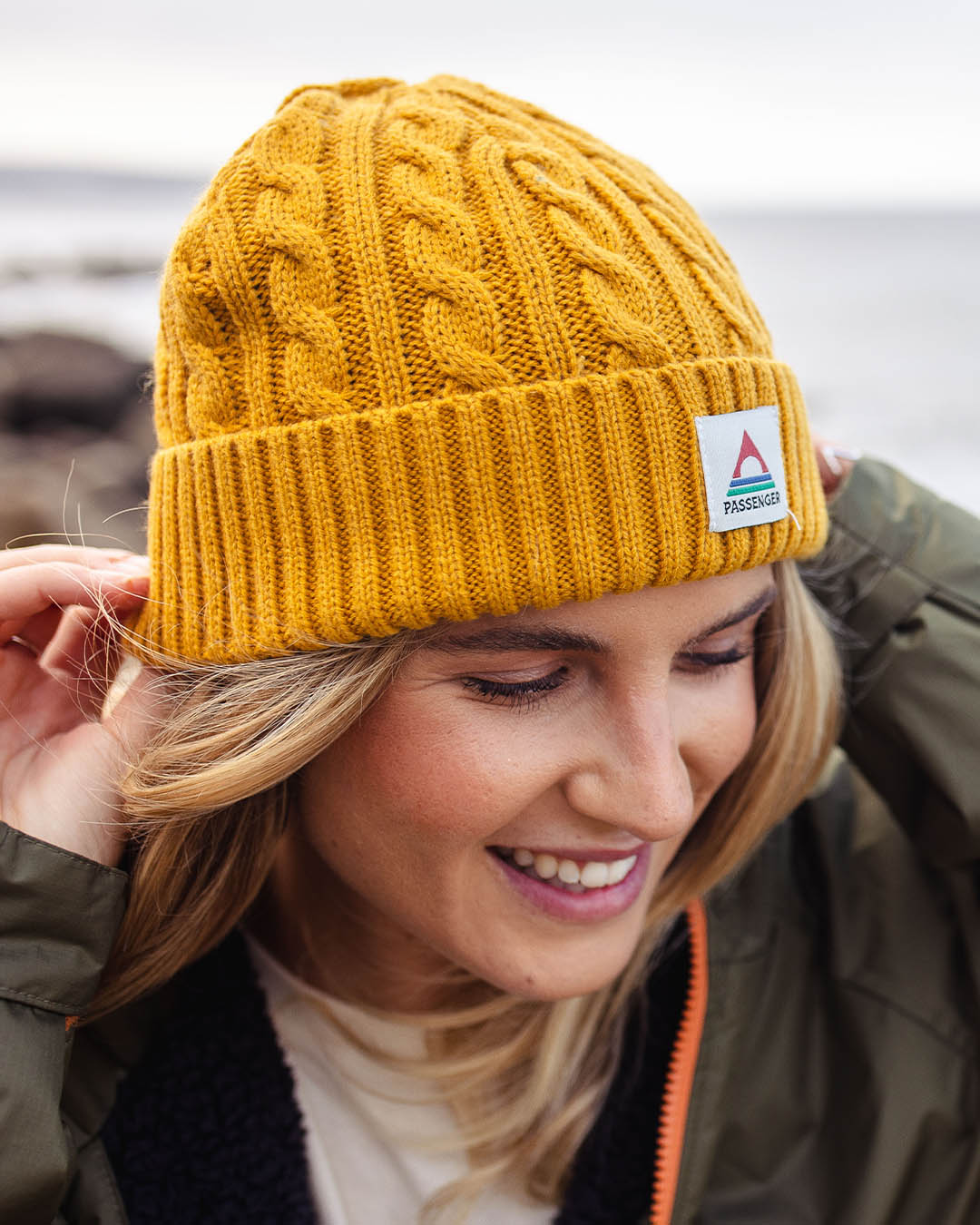 Fireside Cable Knit Beanie - Mustard Yellow