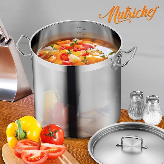 Nutrichef Stainless Steel Cookware Stockpot 35 Quart Heavy Duty Induction Soup Pot With Stainless Steel Lid And Strong Riveted Handles