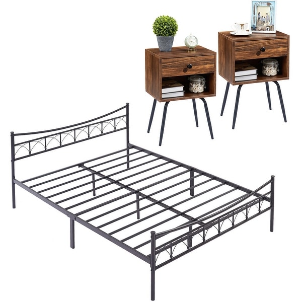 3-pieces Bed Frame and Modern Nightstand Set of 2 with 1-Drawer - - 36539696