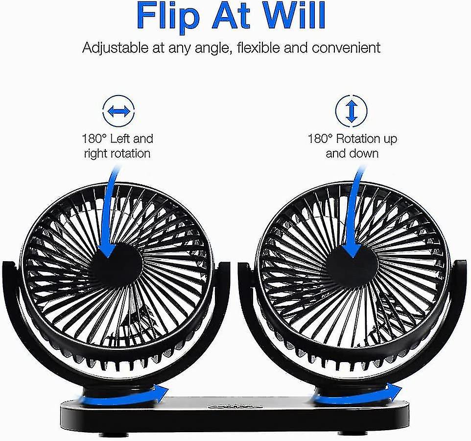 Car Fan， Quiet Usb Fan， 12v Double Head Fan， Mini Fan， 360 Rotation With 3 Speeds