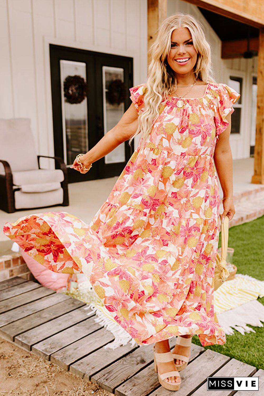 Orange Floral Print Shirred Ruffled Sleeveless Plus Size Dress