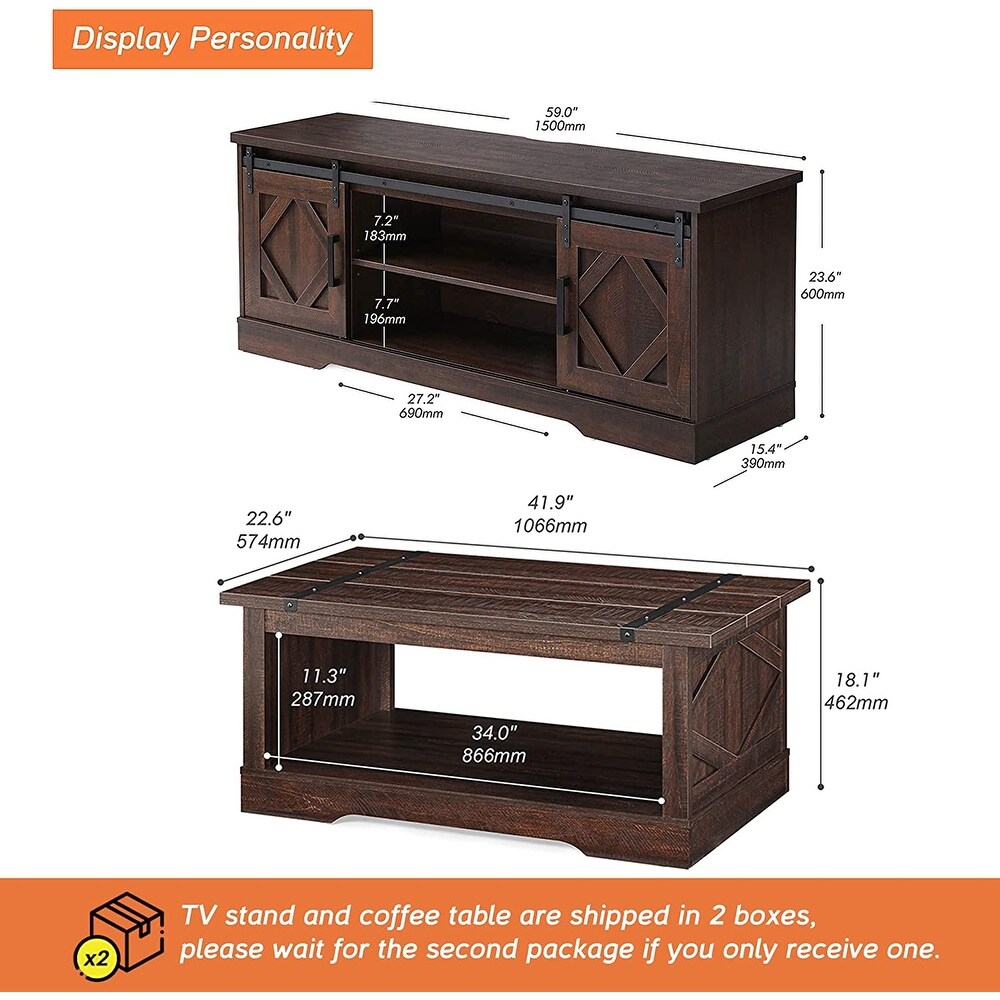 Wampat Farmhouse Sliding Barn Door TV Stand and Coffee Table Set of 2