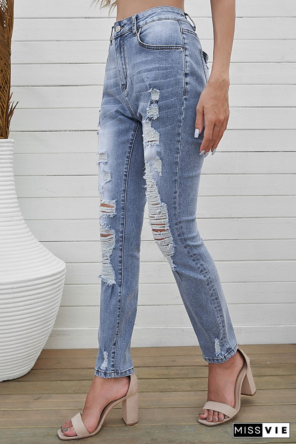 Sky Blue High Waist Distressed Skinny Jeans