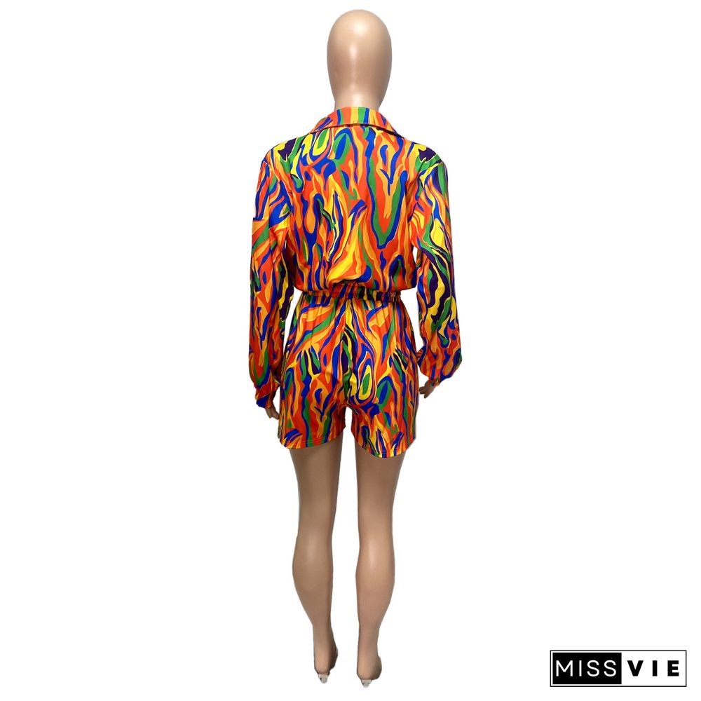 Turn Down Collar Causal Long Sleeve Print Rompers