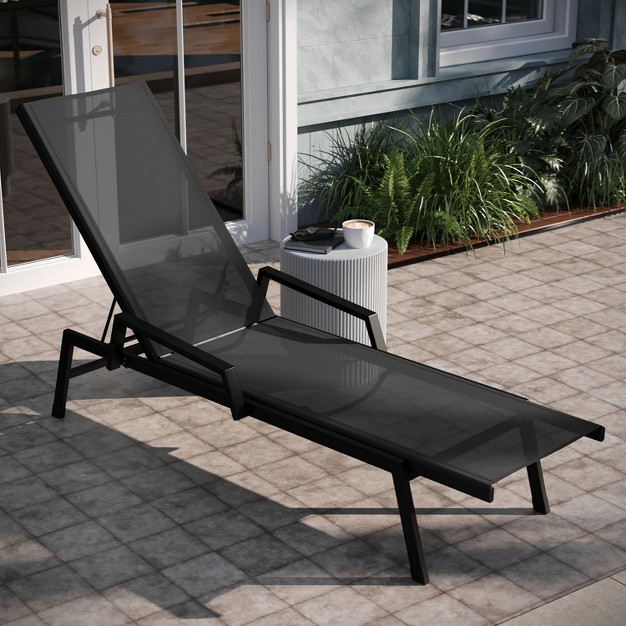 Emma And Oliver Textilene Adjustable 5 Position Patio Chaise Lounge With Armrests And Metal Frame