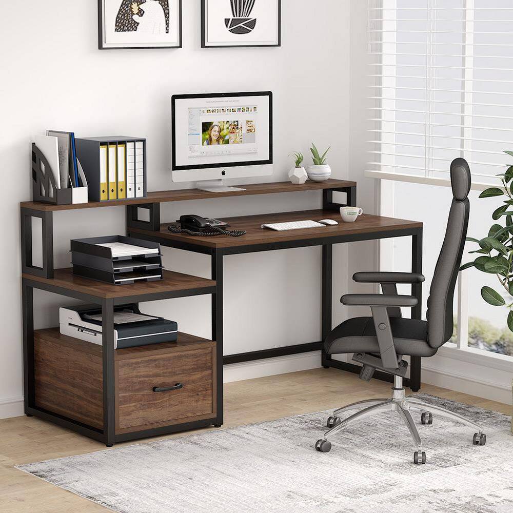 BYBLIGHT Havrvin 61 in. Rectangular Rustic Brown Engineered Wood One Drawer Computer Desk with Two Open Shelf BB-C0157XF