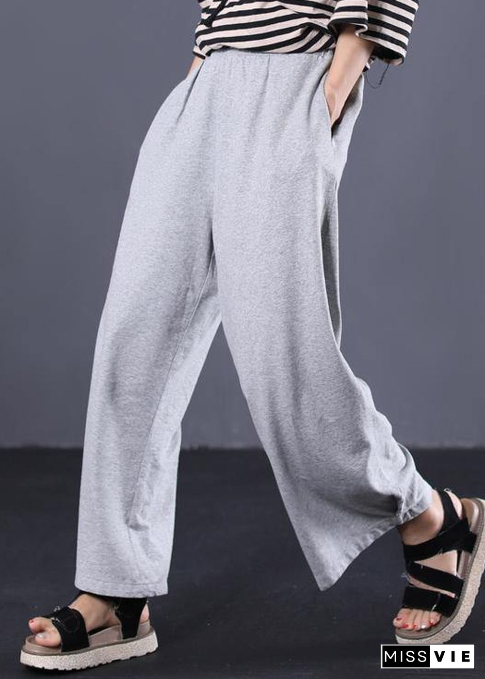 women cotton solid color casual pants elastic waist gray wide leg pants