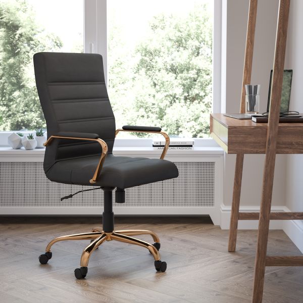 Whitney High Back Black LeatherSoft Executive Swivel Office Chair with Gold Frame and Arms