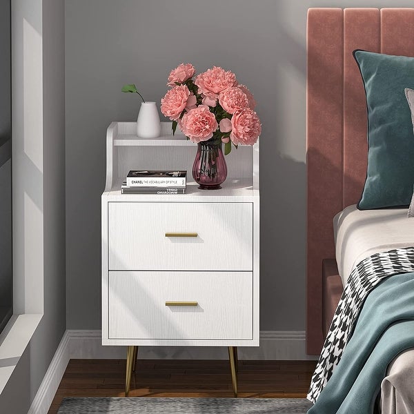 2 Drawer Nightstand Modern Bedside Table with Golden Metal Legs