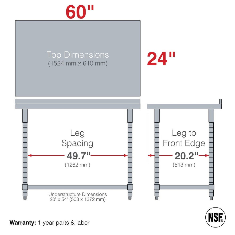 Metro TWS2460SU-316B-S TableWorx Stationary Stainless Steel Work Table with Open 3-Sided Frame and Backsplash， 24