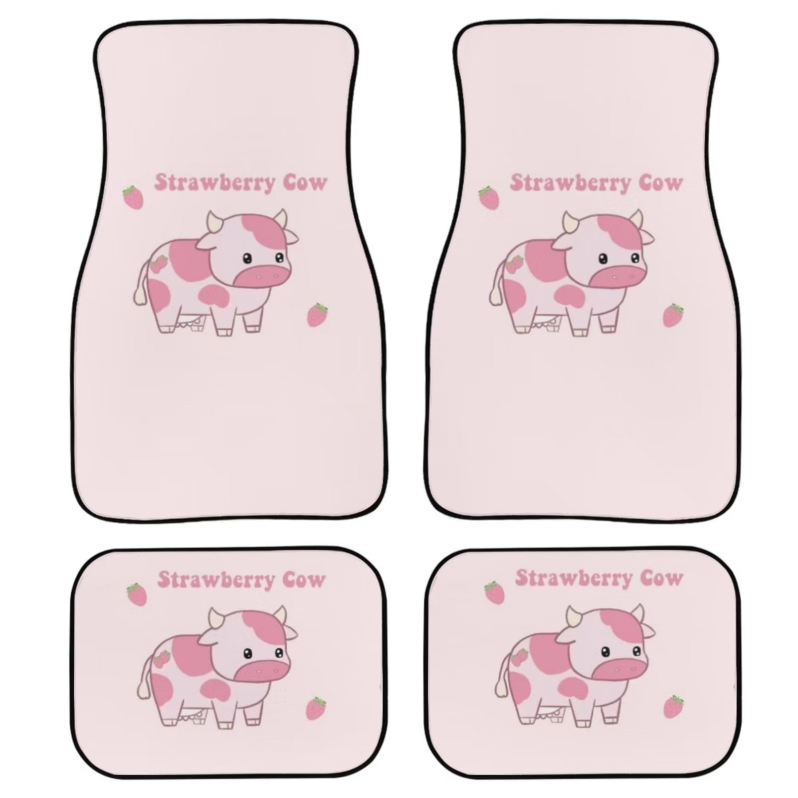 FKELYI Strawberry Cow Car Floor Mat for Women Men 4pcs Comfortable Floor Protections Wear-Resistant Heavy Duty Rubber Foot Mat Rug Universal for Almost Cars