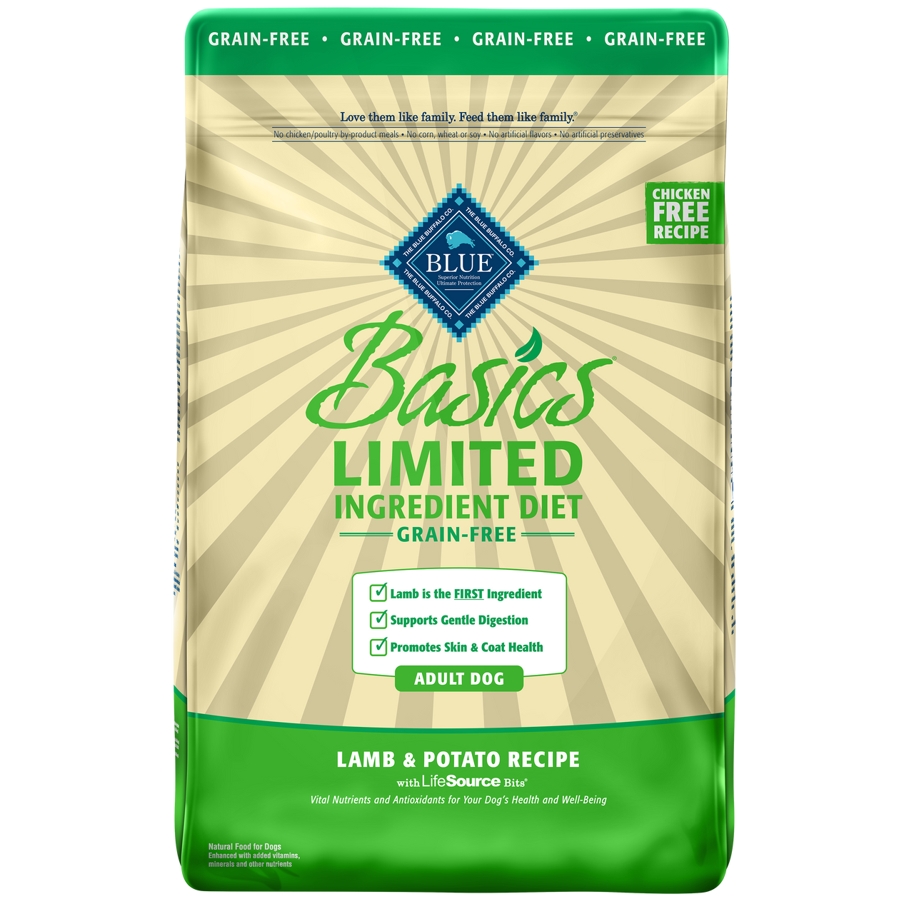 Blue Buffalo Basics Limited Ingredient Grain-Free Lamb and Potato Recipe Adult Dog Dry Food， 22 Lb. Bag