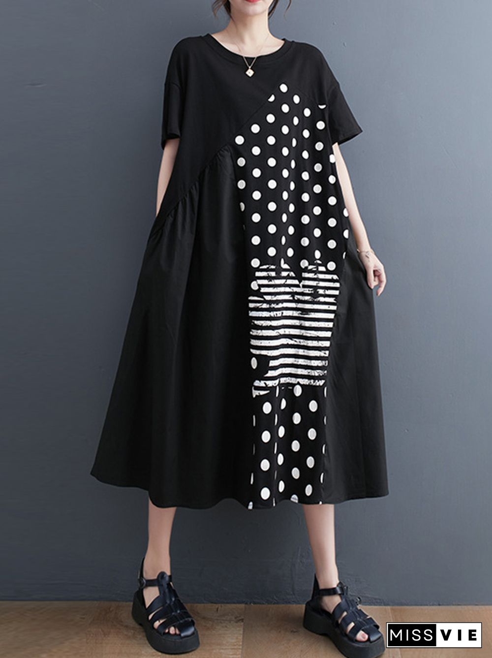 Irregularity Oversize Printed Striped Polka-Dot Split-Joint Round-Neck Midi Dresses