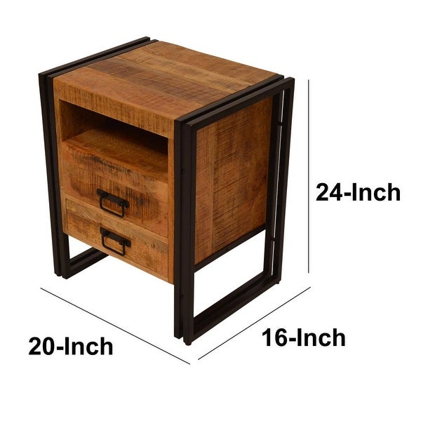 2 Drawer Wooden Framhouse Side Table with Open Cubby and Metal Frame - 16 L X 20 W X 24 H Inches