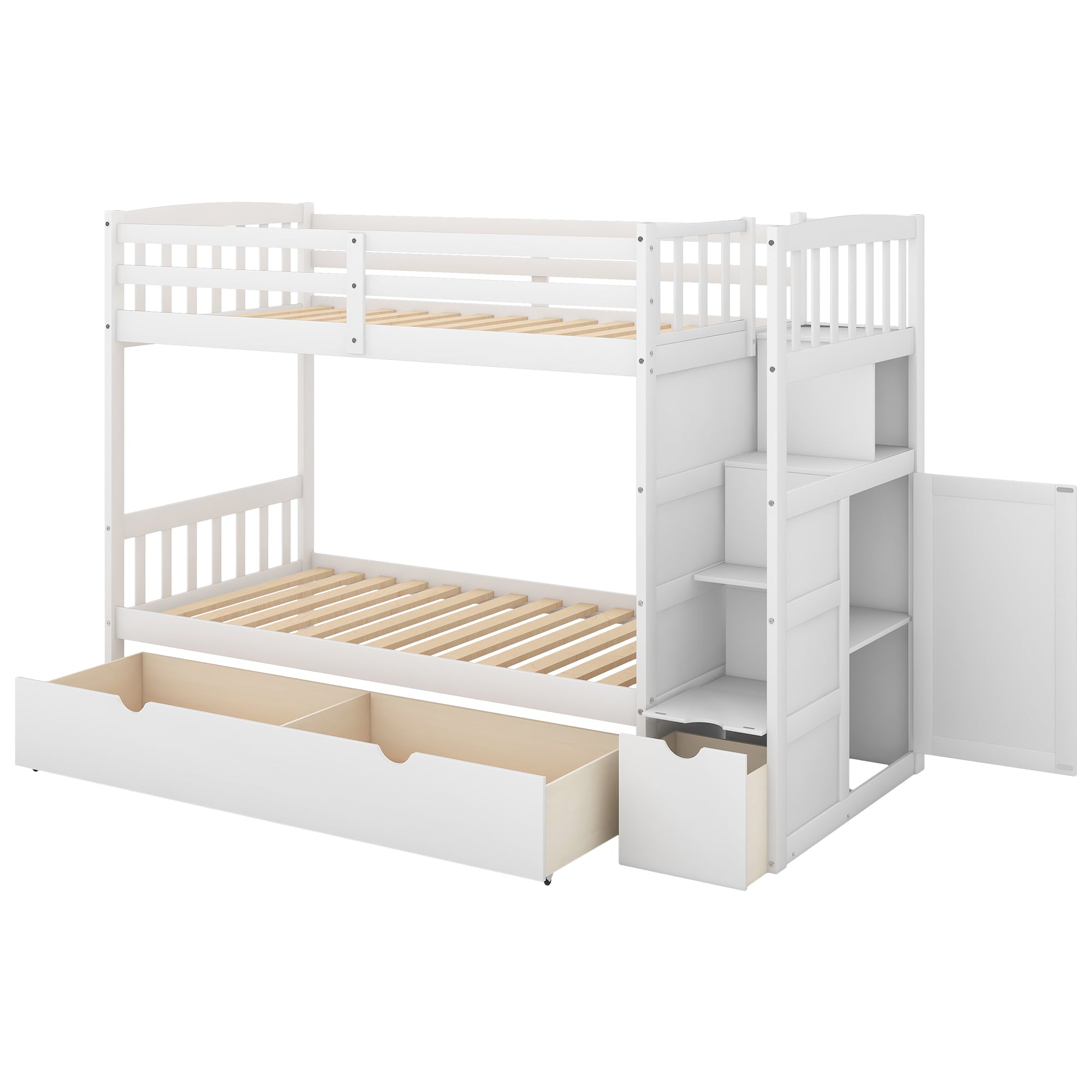 Modern Twin Bunk Bed with Drawer and Cabinet for Kids Bedroom, White