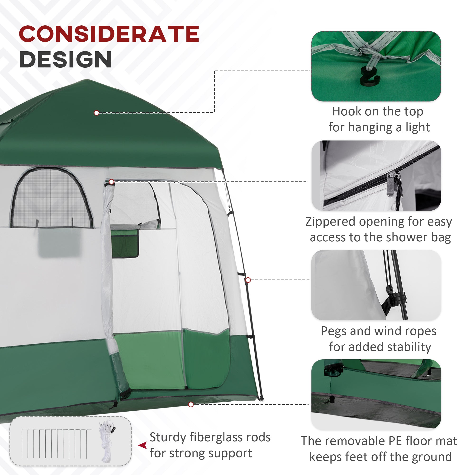 Outsunny Shower Tent, Pop Up Privacy Shelter for Camping, Dressing Changing Room, Portable Instant Outdoor Shower Tent Enclosure w/ 2 Rooms, Shower Bag, Floor and Carrying Bag, Green