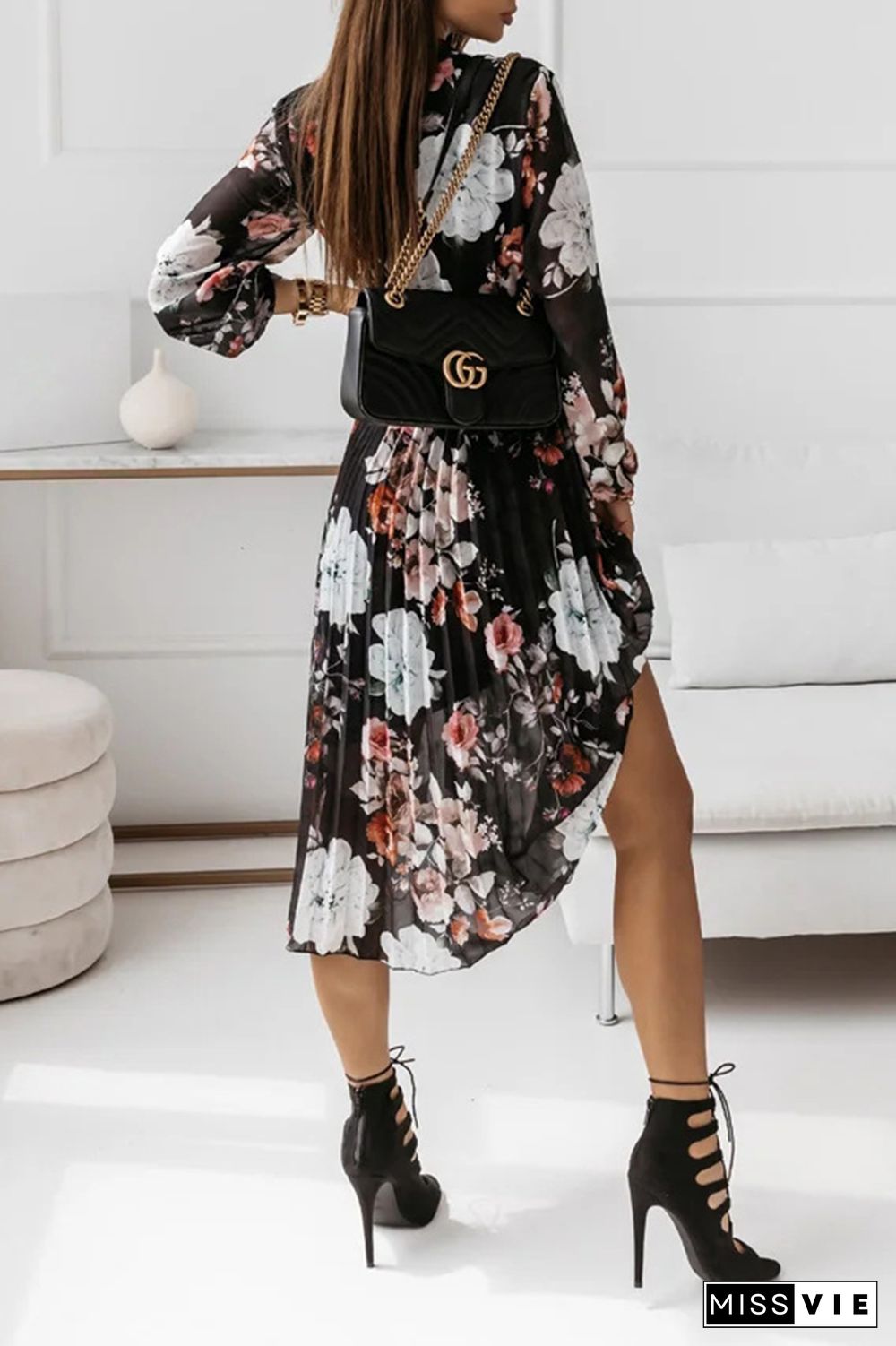 Floral Fold With Belt Ribbon Collar Pleated Dresses