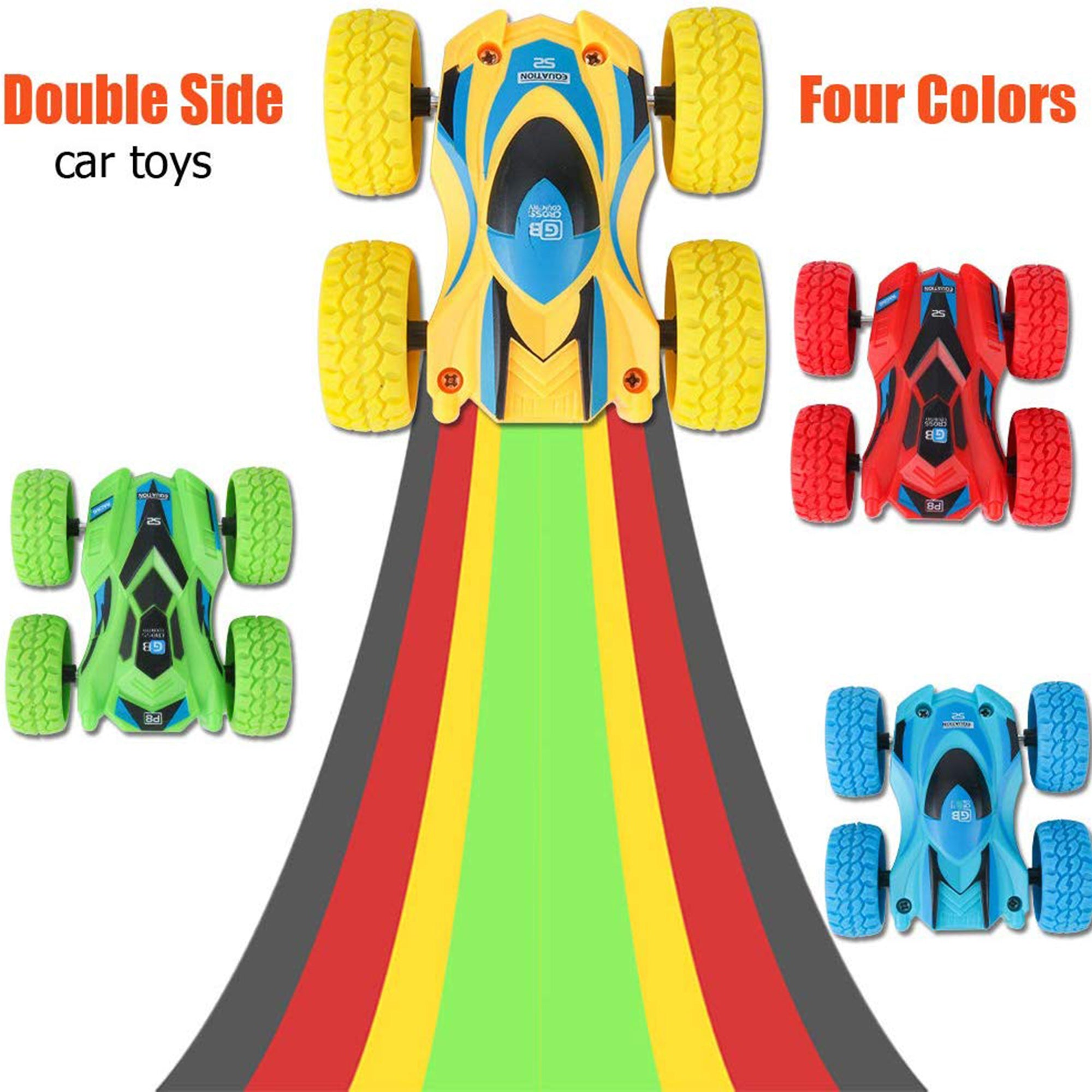 4 Set Push and Go Friction Powered Toy Cars Vehicles， Double-sided Stunt Flip Inertia Car， Powered Pull Back Toys Car for Boys，360 Rotation Power Friction Cars for Toddler Toys 1-3