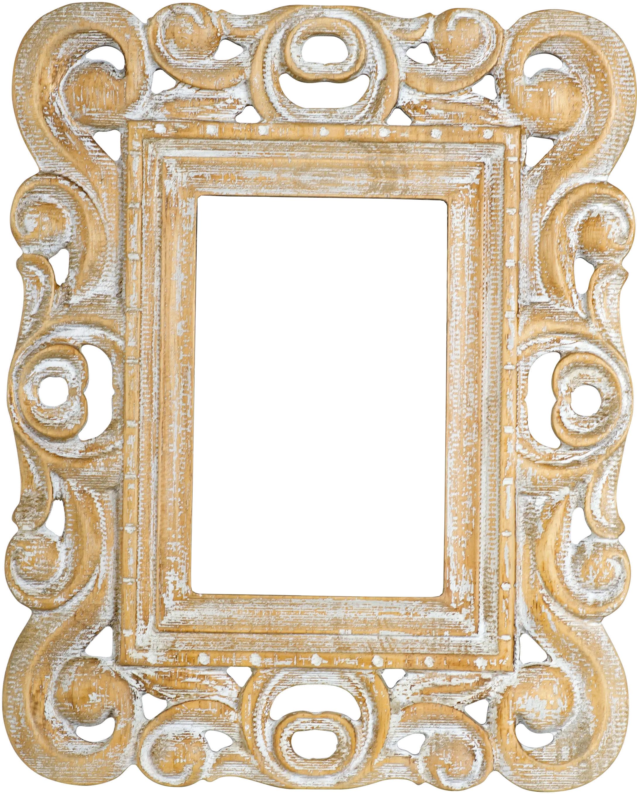 Carved Wood and White Wash Scroll Detail 4x6 Picture Frame