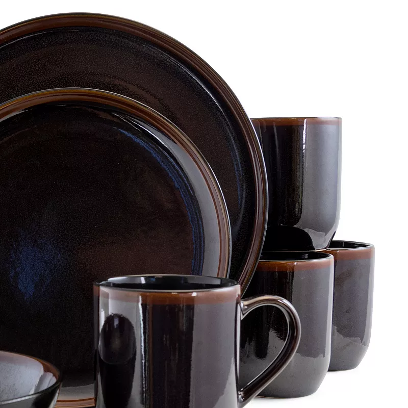 Elama Midnight Beach 16 Piece Dinnerware Set in Metallic Black