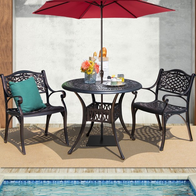 Outdoor Dining Table Round Cast Aluminum Patio Dining Table With Umbrella Hole And Adjustable Non slip Foot Pads