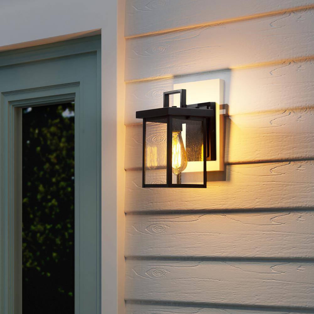 LNC Matte Black Outdoor Wall Light 1-Light Cage Modern Outdoor Wall Lantern Porch Wall Sconce with Seedy Glass ZRZIQMHD14122B7