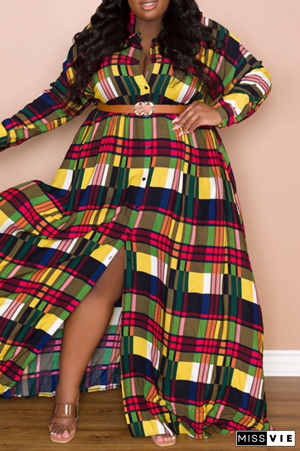 Multicolor Casual Print Patchwork Turndown Collar Shirt Dress Plus Size Dresses (Without Belt)