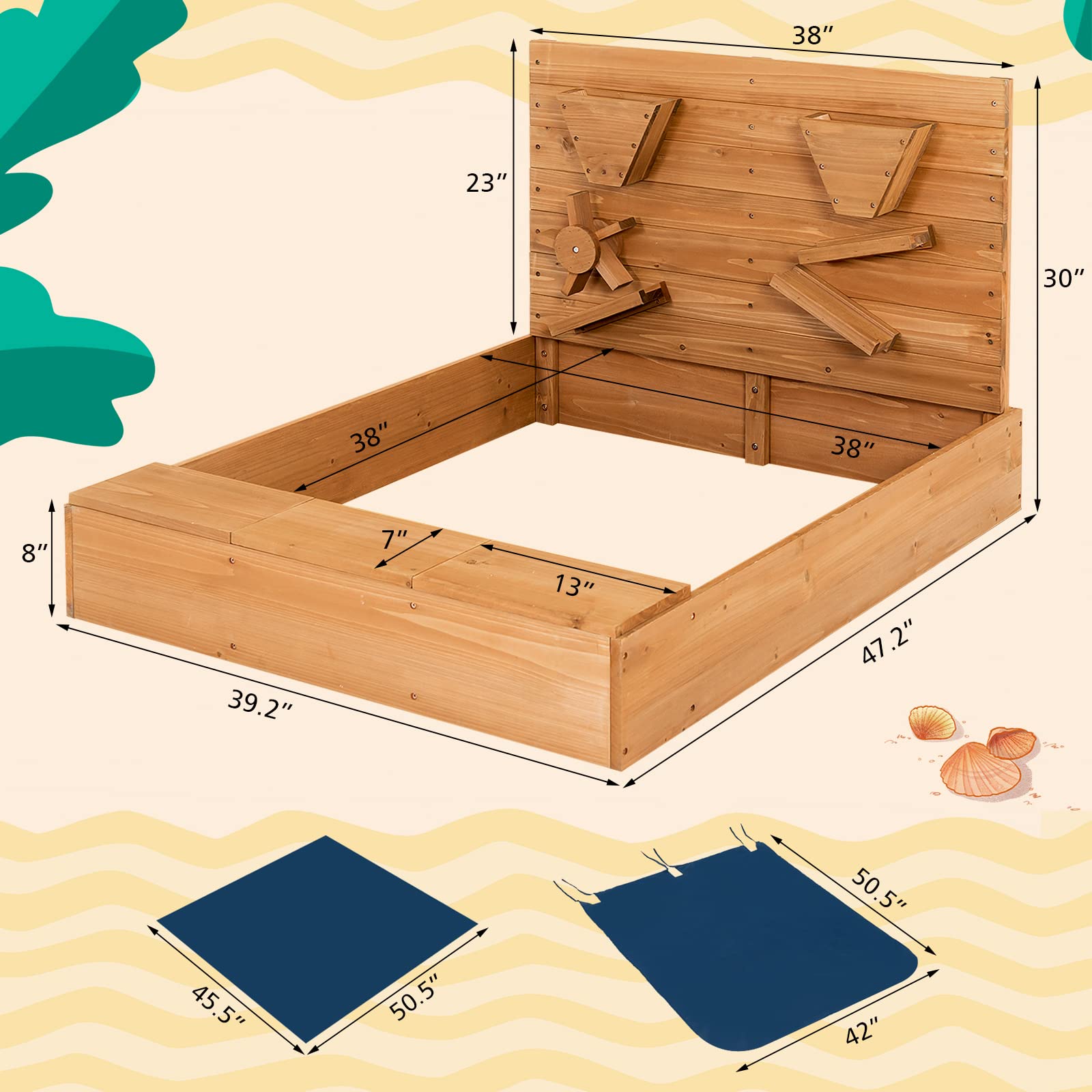 Costzon Wooden Sandbox with Cover, Sand Wall, Bottom Liner, Bench Seat with Toy Storage Space, Waterproof Coating, Kids Outdoor Play