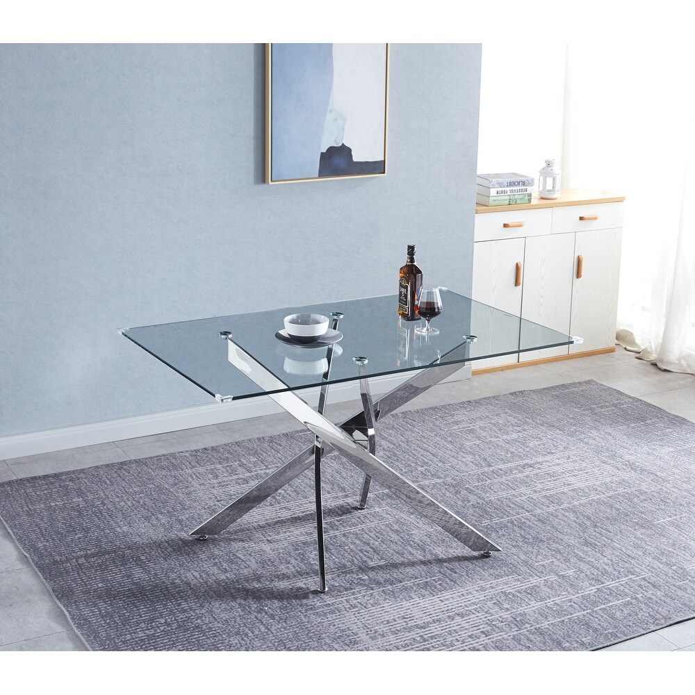 Modern Glass Table for Dining Room/Kitchen/Living Room/Office Tempered Glass Top  Chrome Stainless Steel Base