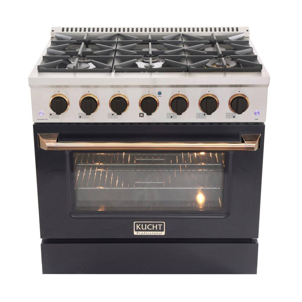 Kucht Custom KNG 36 in. 5.2 cu. ft. Propane Gas Range with Convection Oven in Black with Black Knobs and Gold Handle KNG361LP-K-GOLD