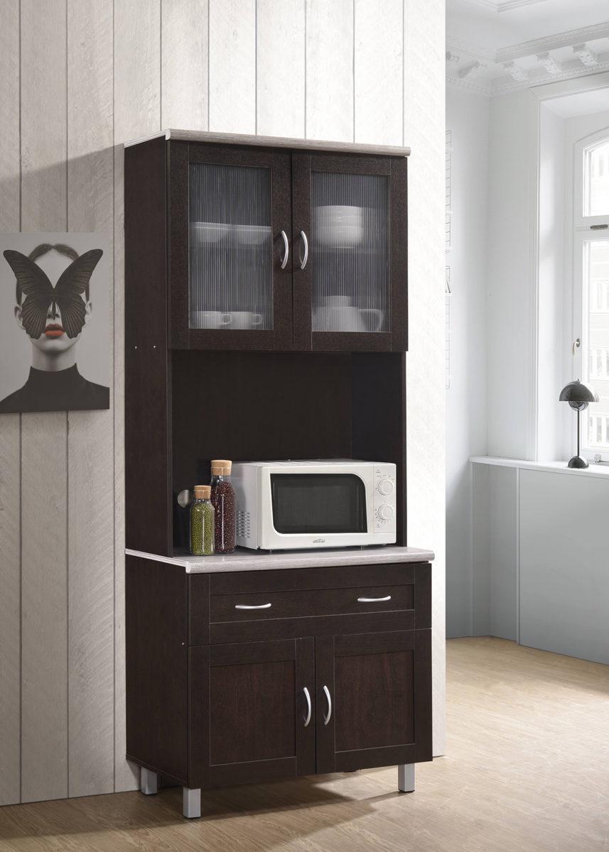 Hodedah Tall Kitchen Cabinet， Chocolate-Grey