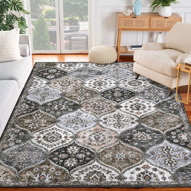 Machine Washable Moroccan Trellis Area Rug Vintage Persian Floral Carpet