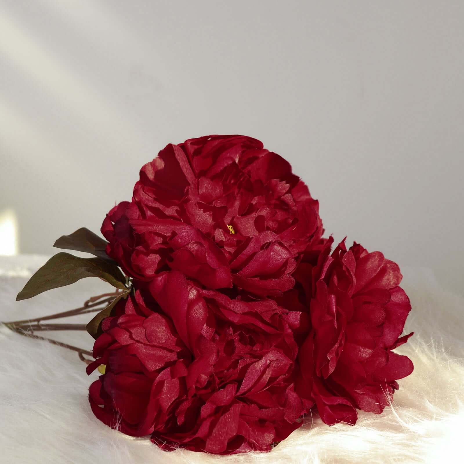 2 Bushes Burgundy Artificial Silk Peony Flower Bouquets, Real Touch Peonies Spray 17