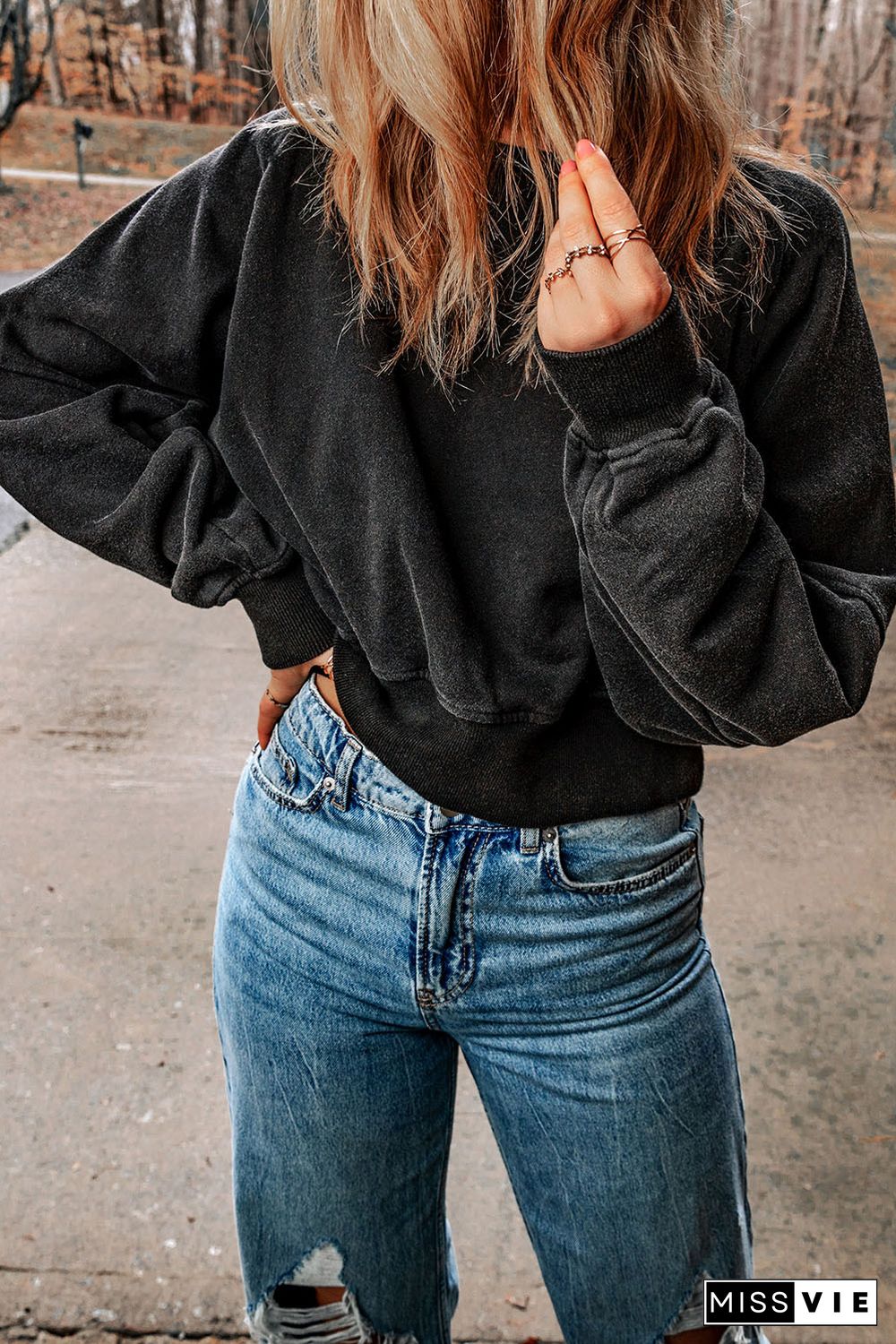 Black Acid Wash V-shape Open Back Sweatshirt