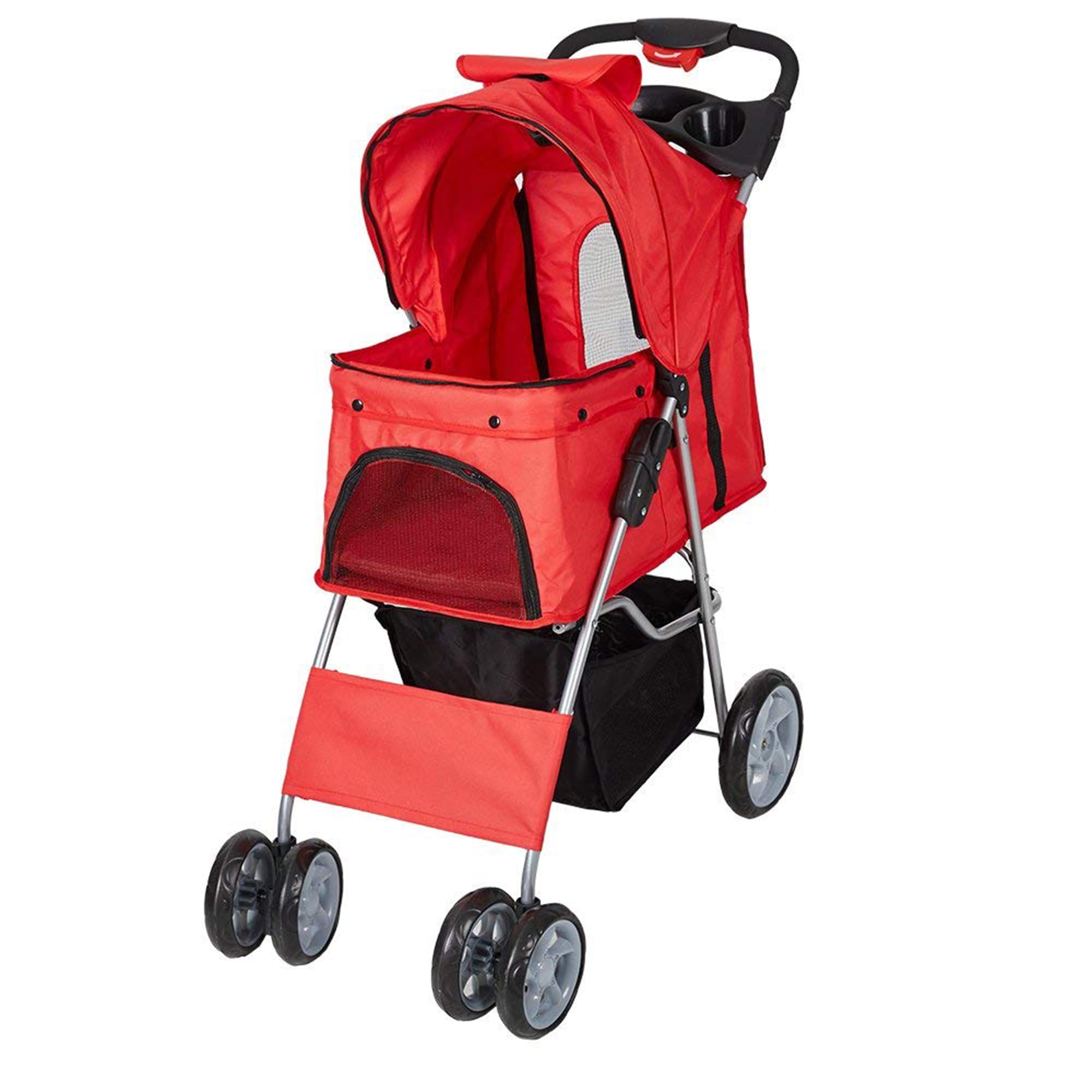 Karmas Product Pet Stroller Folding Pet Cat Carrier Travel Cart With Four Wheels， Red